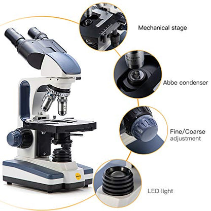 Swift Binocular Compound Microscope SW350B, 40X-2500X Magnification,Siedentopf Head,Research-Grade,Two-Layer Mechanical Stage,1.3mp Camera and Software Windows and Mac Compatible - style: SW350B+1.3MP Camera