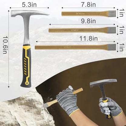 40PCS Geology Rock Pick Hammer Kit, Gold Mining & Prospecting Equipment Tool, Hammer, 3 PCS Digging Chisels Set, Shovel, Wooden Chisel, Magnifying Glass, Whistle, Goggles, flocked bags, compass