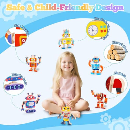 ATOYUS Wooden Montessori Robot Building Blocks Toys for Kids 3-5, 35-Piece