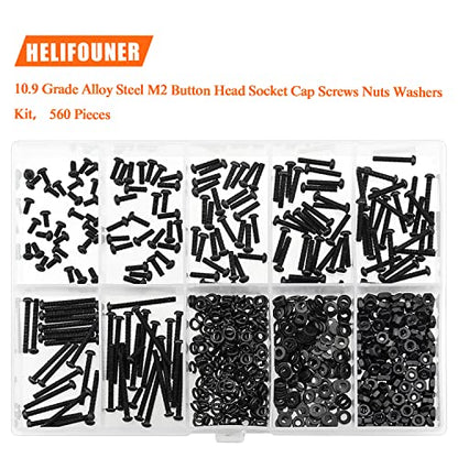 HELIFOUNER 560 Pieces M2 x 4mm /6mm /8mm /10mm /12mm /16mm /20mm, Button Head Socket Cap Screws Bolts Washers Nuts Kit, 10.9 Grade Alloy Steel, Full Threaded, Black - size: M2, style: Button Head