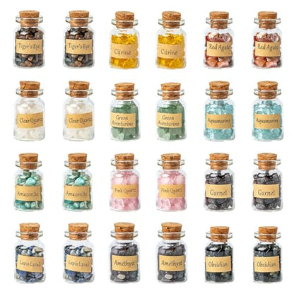 KHOCOEE 24 Gemstone Bottles Chip Crystals and Healing Stone, Chakra Healing Crystals Bottles, Wicca Gem Stones Set, Witchcraft Crystals