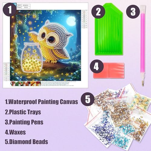 JATOK Diamond Art Kits for Adults, Cute Owl, Special-Shaped Gems - color: Magenta