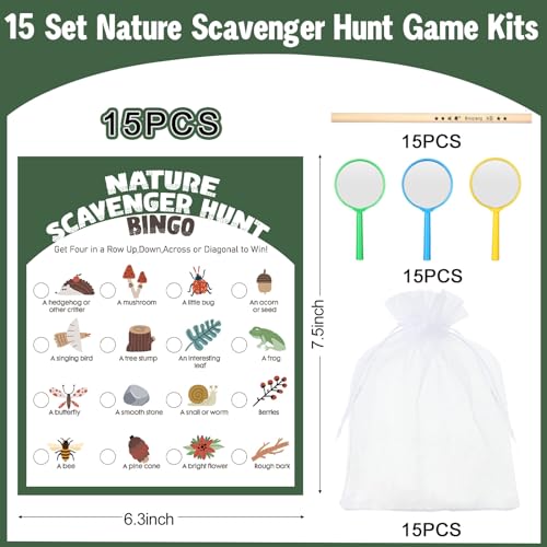 HyDren 45 Pcs 15 Set Nature Scavenger Hunt Game Kits, 15 Hunting Cards, 15 Magnifying Glass, 15 Pencils, 15 Organza Bags Family Camping Games Play for Nature Exploration Outdoor Activities Party Favor