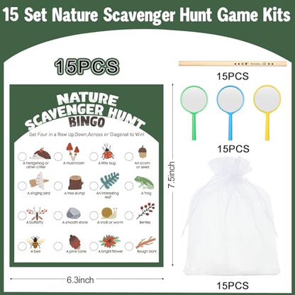 HyDren 45 Pcs 15 Set Nature Scavenger Hunt Game Kits, 15 Hunting Cards, 15 Magnifying Glass, 15 Pencils, 15 Organza Bags Family Camping Games Play for Nature Exploration Outdoor Activities Party Favor