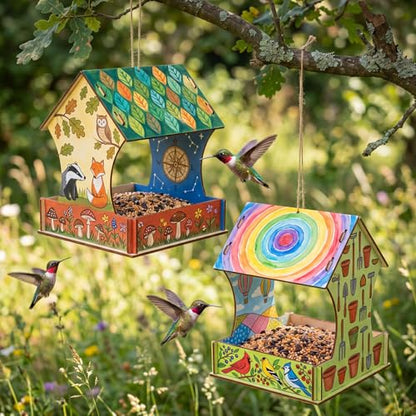DoubleFill 12 Pack Wooden Bird Feeder Kits, DIY Bird House Kits, Build and Paint Craft for Adults, Unfinished Birdhouse Wood Craft for Educational Fun Art Outdoor Activities Gift