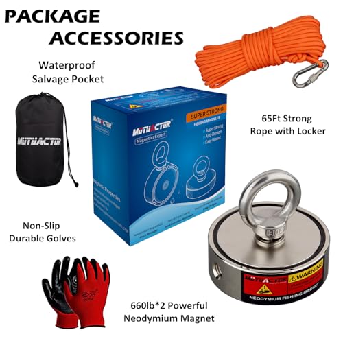 MUTUACTOR Fishing Magnet Kit Heavy Duty, Double Sided 1320lbs Rare Earth Magnets with 65Ft Salvage Rope, Super Strong Φ2.95'' Neodymium Magnet Fishing Kit for Retrieving Treasure in River - style: 1320lb Magnet(Double Sided)--Φ 2.95"
