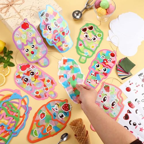 DoubleFill 48 Pcs Summer Ice Cream Suncatchers Craft Kits DIY Summer Ice Cream Stained Glass Effect Tissue Paper Kits Bulk for Window Decor Home Ornament Party Favors Art Activities - style: Summer Ice Cream