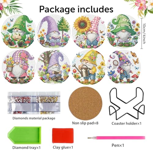 8 Pack Diamond Art Coasters Kits, Gnomes Diamond Painting Coasters Kits - color: Dwarf