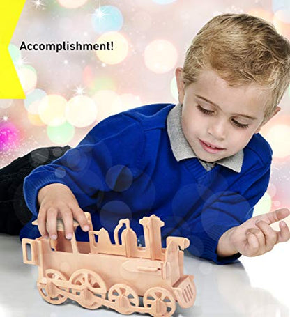 Puzzled 3D Puzzle Rolling Locomotive Train Wood Craft Construction Model Kit, Fun & Educational DIY Wooden Toy Assemble Unfinished Crafting Hobby Puzzle to Build & Paint for Decoration 30 Pieces Pack