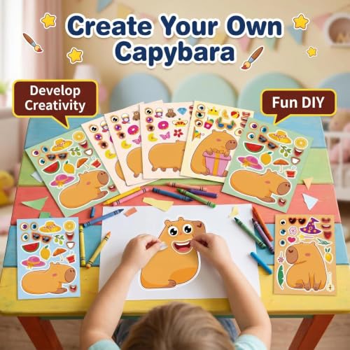 Capybara Make-a-Face Stickers 24 Sheets, Kids Party Crafts & Decor - color: Capybara