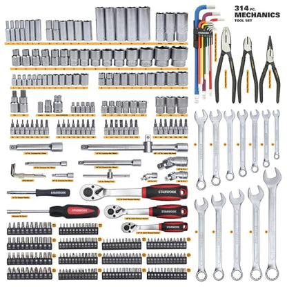 STARWORK TRUE MECHANIC™ 314-Piece Mechanics Tool Set and Socket Set, 1/4", 3/8", 1/2" Drive, Professional, Metric - size: 314 PC