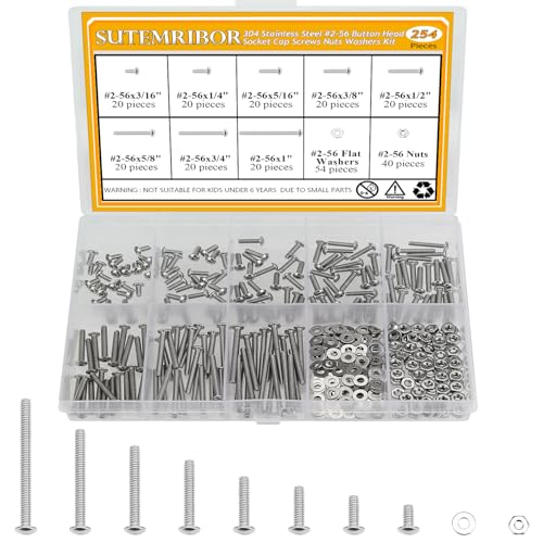 254 Pieces #2-56 x 3/16", 1/4", 5/16", 3/8", 1/2", 5/8", 3/4", 1", Button Head Socket Cap Screws Nuts Washers Assortment Kit - size: #2-56, style: Button Head Socket Cap