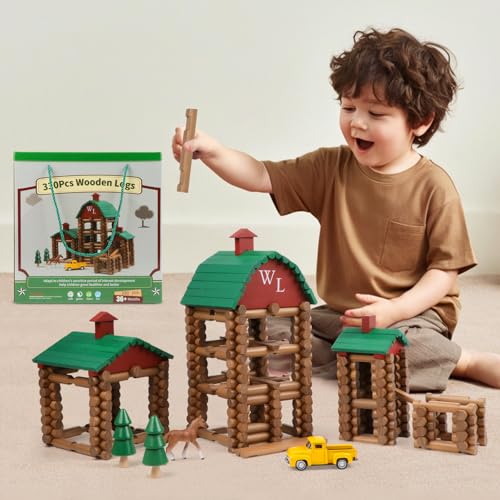 Wondertoys 330 Pcs Wooden Log Set Real Wood Logs Classic Building Log Ages 3+ Best Retro Building Gift Set for Boys Creative Construction Engineering Educational Gifts - style: 330PCS Villas