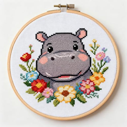 DIY Cross Stitch Kits Hippo in Flowers 20x20cm - color: 04-Hippo
