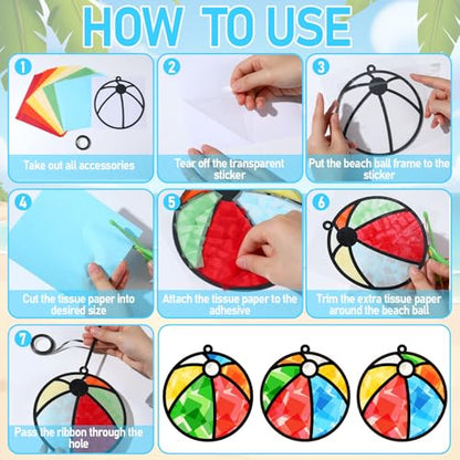 Qyeahkj 36 Set Beach Balls Suncatchers Craft for DIY Summer Party Paper Craft Kit Game Beach Balls Stained Glass Window Ornaments Decoration for Home Art Project Party Favor Gift - style: Beach Balls