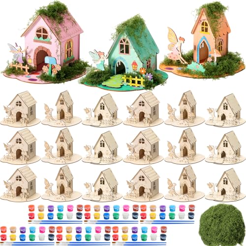 DoubleFill Wooden Fairy House Craft Kit with Paints, 18 Sets, Cute Tall - style: Cute Tall