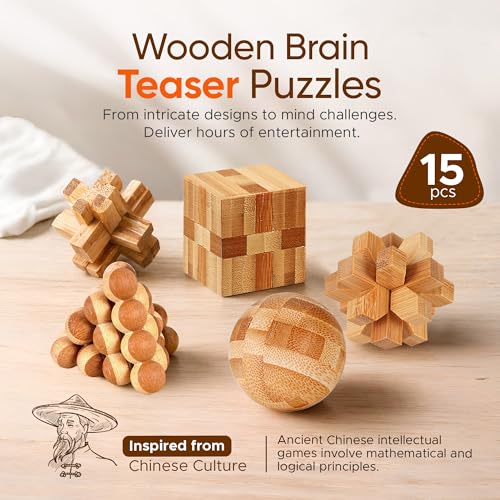 Wooden Brain Teaser Puzzles, 15pcs 3D Brain Teasers for All Ages - color: 15pcs