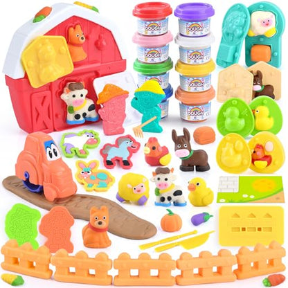Farm Animals Color Dough Toys for Kids Ages 2-4-8, Big Red Barn Farm Playset with Animal Figures Clay Dough Modeling Tools, Art Crafts Toddler Learning Toy, Ideal Christmas Birthday Gifts - color: Multicolor