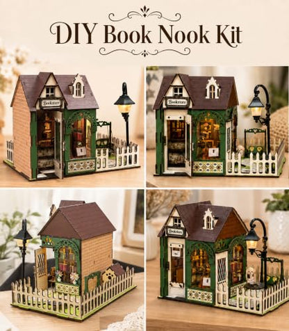 Town Bookstore Book Nook Kit, DIY Miniature Dollhouse with LED Lights, Mini Bookshelf Insert Decor for Adults & Teens, Creative Craft Gift for Family, Friends & Book Lovers - style: Town Bookstore