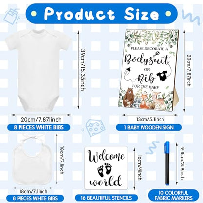 Chuarry 43 Pcs DIY Baby Bibs Decorating Kit 8 Bodysuits 8 Pcs 2 Ply White Bibs 10 Fabric Markers 16 Stencils Baby Shower Sign (Woodland Animals) - style: Woodland Animals