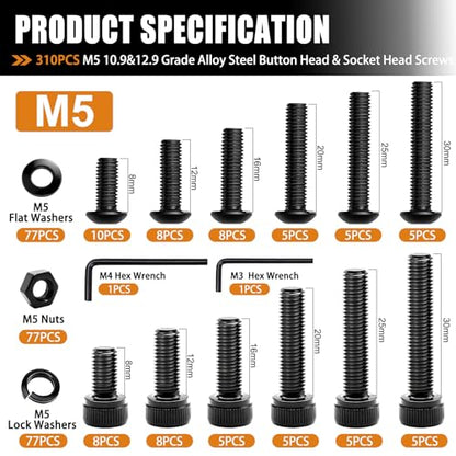 mankk 310PCS M5 Screw Kit M5x8-30mm Hex Socket Button & Cap Head Screws Bolts Nuts and Washers Kit 12.9 & 10.9 Grade Black Alloy Steel Machine Screw - size: M5, style: Button&Hex Socket Cap