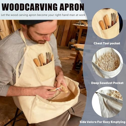 Woodcarving Apron-Work Apron with Brown Leather Chest Patches, Tool Pocket - color: White