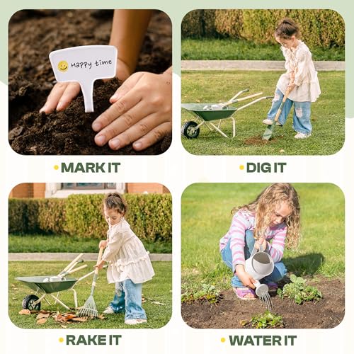 ROBOTIME Kids Wheelbarrow with Gardening Set – Metal Wheelbarrow Toddler Outdoor Play Toy with Garden Tools, Watering Can & Plant Labels, Pretend Play Yard Equipment for Boys and Girls (Green) - color: Green