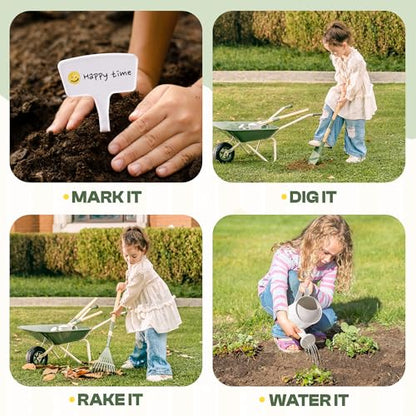 ROBOTIME Kids Wheelbarrow with Gardening Set – Metal Wheelbarrow Toddler Outdoor Play Toy with Garden Tools, Watering Can & Plant Labels, Pretend Play Yard Equipment for Boys and Girls (Green) - color: Green