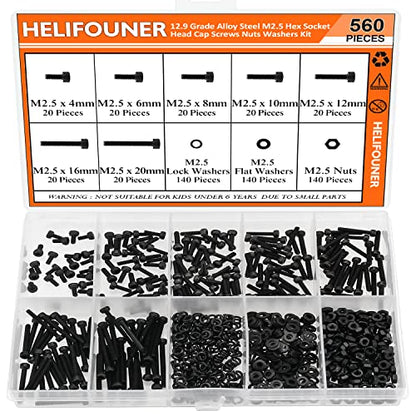 HELIFOUNER 560 Pieces M2.5 x 4mm /6mm /8mm /10mm /12mm /16mm /20mm, Hex Socket Head Cap Screws Bolts Washers Nuts Kit, 12.9 Grade Alloy Steel, Full Threaded, Black - size: M2.5, style: Socket Head