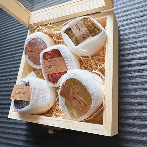 Natural Crystal Raw Stone Ore Specimen Set Wooden Box, Science Teaching Mineral Rock Set, a Very Good Christmas or New Year Gifts for Friends, Classmates or Sons and Daughters