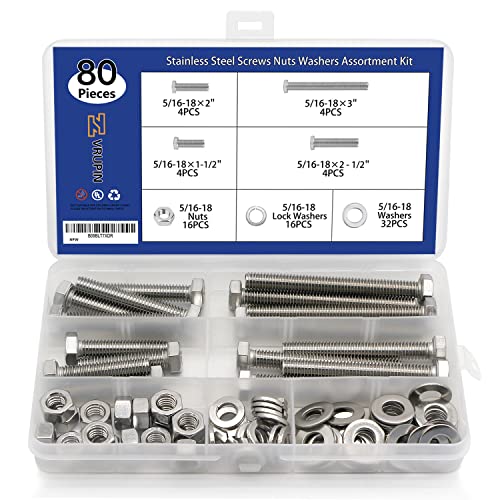 80PCS Bolts and Nuts 5/16-18 x1-1/2”, 2”, 2-1/2”, 3” Carbon Steel Hex Bolts and Nuts Set Hardware Screws Assortment Kit (4 Different Sizes) - size: 5/16-18 (80 Pcs)