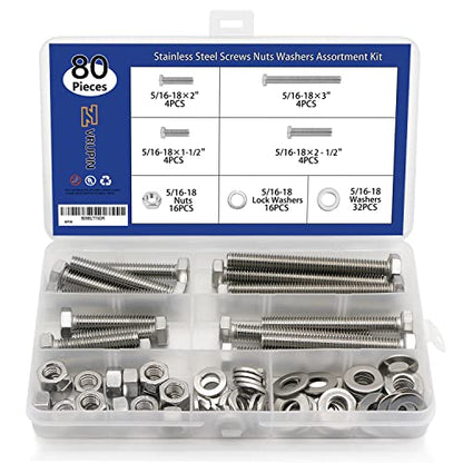 80PCS Bolts and Nuts 5/16-18 x1-1/2”, 2”, 2-1/2”, 3” Carbon Steel Hex Bolts and Nuts Set Hardware Screws Assortment Kit (4 Different Sizes) - size: 5/16-18 (80 Pcs)