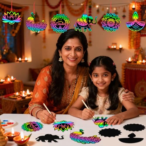 JULMELON 36 Pcs Diwali Crafts for Kids Rainbow Scratch Art Party Favors - style: Diwali