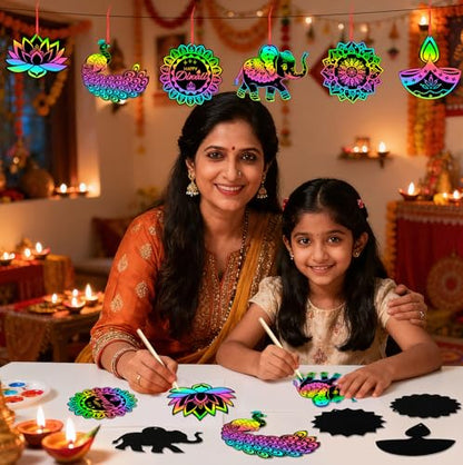 JULMELON 36 Pcs Diwali Crafts for Kids Rainbow Scratch Art Party Favors - style: Diwali