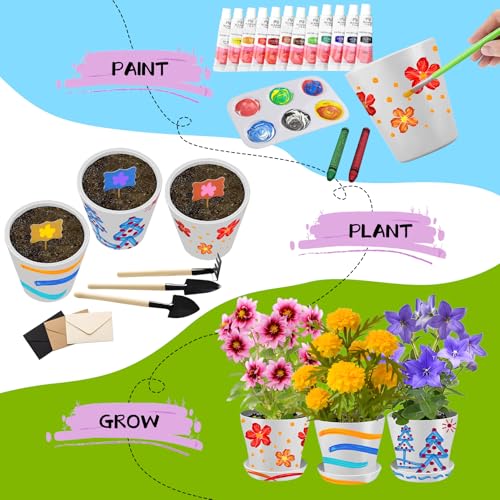 Paint & Plant Children’s Gardening Kit for Girls Boys Toys Garden Flower Gardening Gift for Kids Flower Pots Seeds Art Craft Grow Garden Planting Set for Kids Age 4 5 6 7 8 9 10 11 12 13 14 Years Old