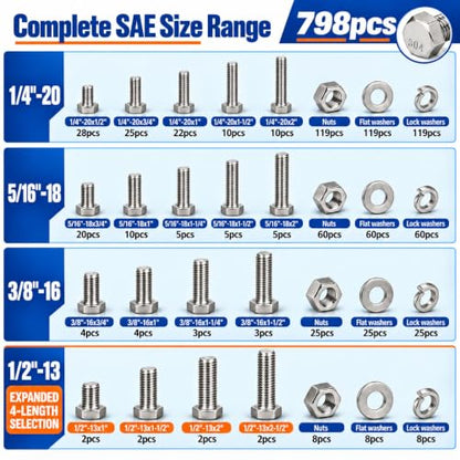 798PCS Stainless Steel Nuts and Bolts Kit, SAE Hex Bolts with Nuts, Flat & Lock Washers, 1/4"-20 5/16"-18 3/8"-16 1/2"-13, 1/2"-13, Carrying Case - color: Silver-798PCS 1/4-20,5/16-18,3/8-16,1/2-13