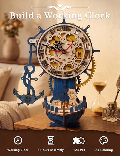 3D Wooden Puzzle for Adults, DIY Mechanical Gear Clock Wooden Clock Model Kit, Nautical Wooden Clock Decor Gift