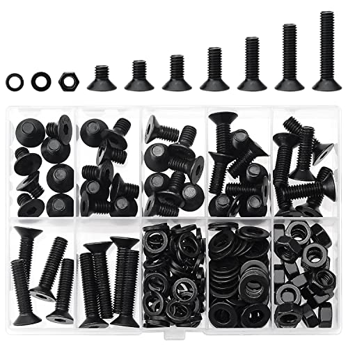 HELIFOUNER 146 Pieces M6 x 8mm /10mm /12mm /16mm /20mm /25mm /30mm, Countersunk Head Socket Cap Screws Bolts Washers Nuts Kit, 10.9 Grade Alloy Steel, Full Threaded, Black - size: M6, style: Countersunk Head