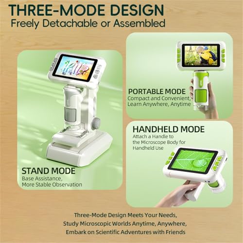 Microscope for Kids,1600X Digital Microscope with 4.0" HD Screen, 3-in-1 Portable Microscopes with Slides,STEM Educational Science Toy for Ages 6-12 Christmas Birthday Gifts for Boys & Girls (Grey)