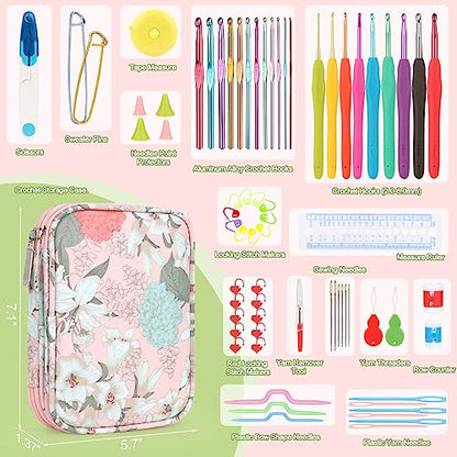 Katech Crochet Hooks Set with Case, 73-Piece Crochet Hooks Kit Knitting Accessories Ergonomic Aluminum Alloy Crochet Hook Colorful Crochet Needles for Making Socks, Gloves, Bag, Hat, Sweaters - color: Flowers Pattern