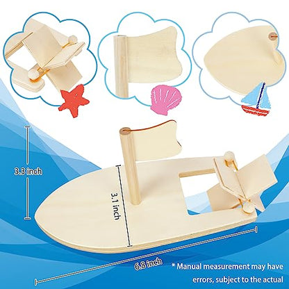 Amersumer 10 Pcs DIY Toy Wood Boat Craft Kits, Mini Wooden Sailboat Kits, Paddle Boats Paint and Decorate for School Projects, Make Your Own Sailboat Craft