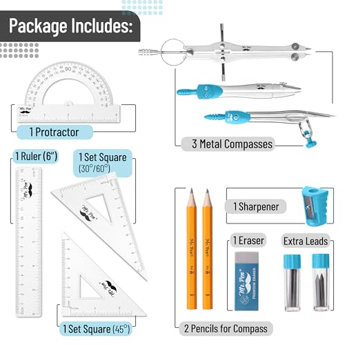 Mr. Pen 13 Piece Geometry Set with Shatterproof Storage Box, Blue - color: Blue