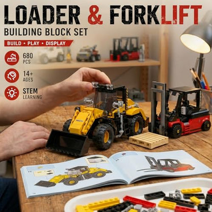 Mavo brix Loader Building Set and Forklift Truck Building Kit, 2-in-1 Set for Adults 14+, Ideal Gift, Home Office Decor, 680PCS