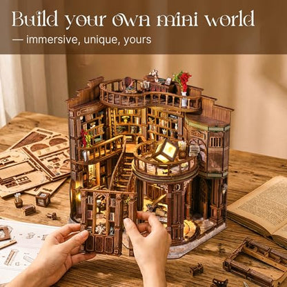 DIY Book Nook Kit, 3D Wooden Puzzle Miniature Booknook Bookend Bookshelf Decor with LED Light,Cherry Blossom Bookstore Bookshelf Insert Booknook, Book Nook Kits for Adults