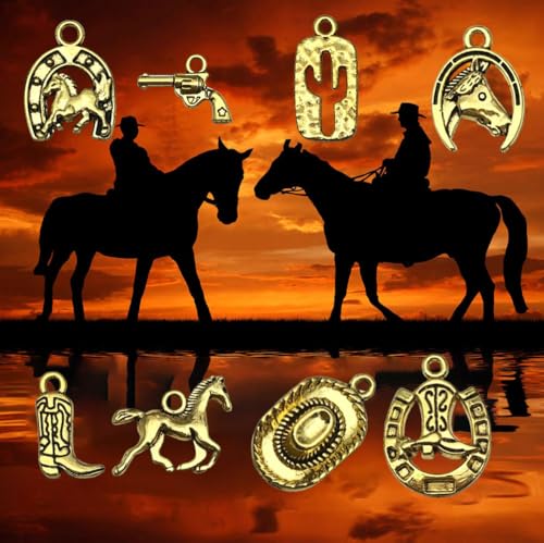 100 Grams Western Cowboy Charms for Jewelry Making Alloy Boot Gun Cowboy Boot Hat Horse Cactus Charms Pendants for Necklace Earrings Bracelet Keychain Father's Day Gifts DIY Craft Findings (SN822) - color: Antique Golded