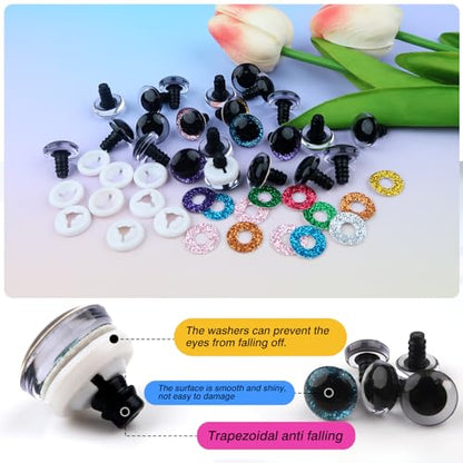 TOAOB 64 Sets 14mm Glitter Safety Eyes with Washers 8 Colors Plastic Animal Eyes for Amigurumi Crochet Dolls Stuffed Animals DIY Craft Making - size: 14mm