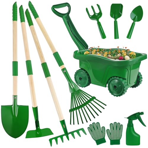 Duckura Kids Gardening Tools Set, Wheelbarrow Sets Outdoor Yard Toy Ages 3+ - color: Green-11pcs
