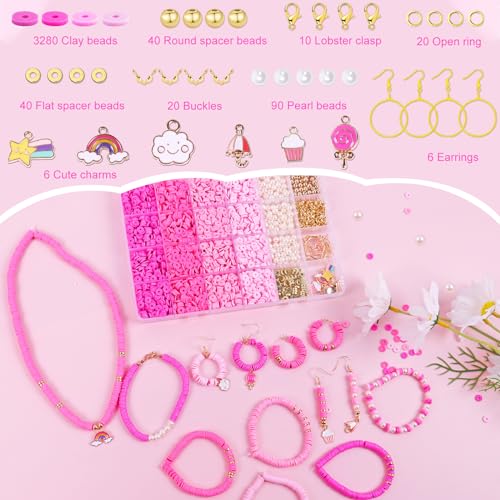 Wuollgess 3500 PCS Clay Beads Bracelet Making Kit, Pink Beads for Crafts - color: Pink