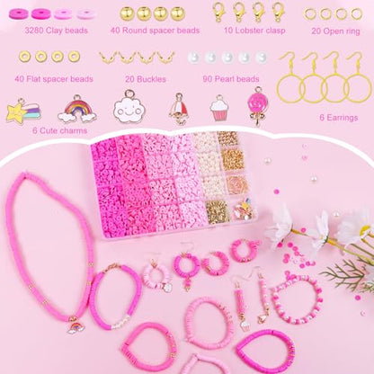 Wuollgess 3500 PCS Clay Beads Bracelet Making Kit, Pink Beads for Crafts - color: Pink
