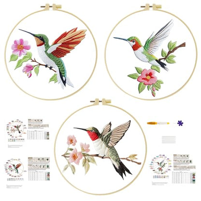 57lilina Embroidery Kit for Beginners, Pack of 3 with Hoop, Threads, Needle - color: Hummingbird